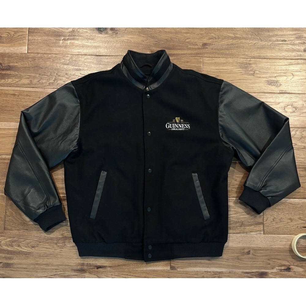 Vintage Guinness Varsity Jacket Wool Blend Genuine Leather Quilt Lined Men's L
